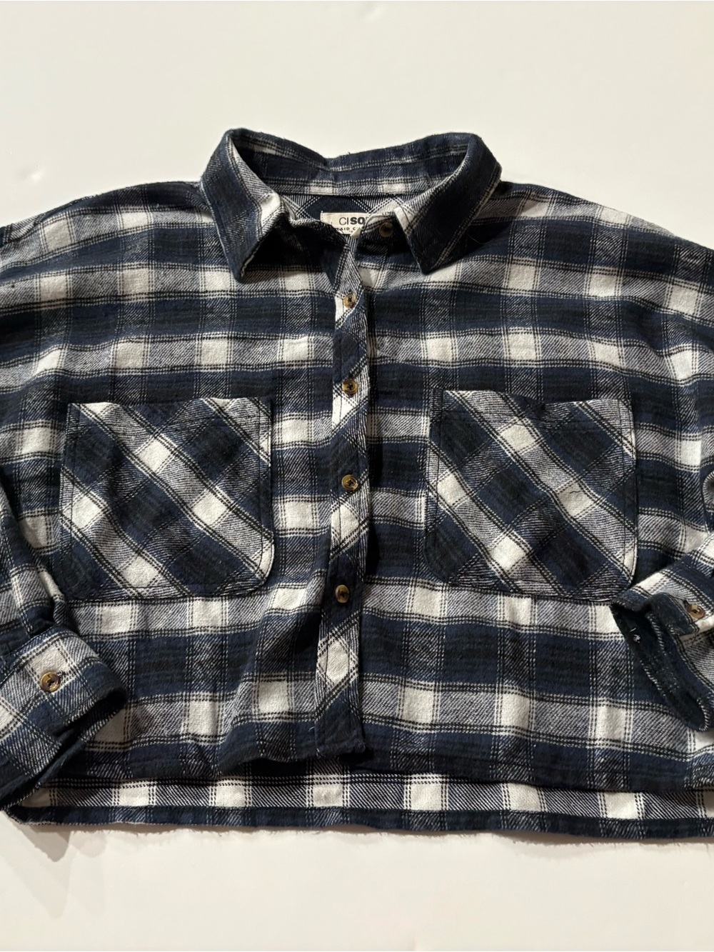 Cisono Navy and White Plaid Cropped Button-Front Shirt with Pockets Small